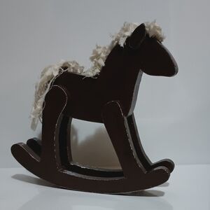 Refurbished Wooden Rocking Horse Figurine in Dark Brown with Cream Mane